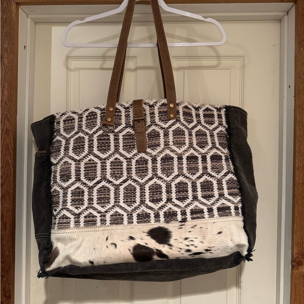 Myra Bag Black and White Tote Bag with Brown Accents